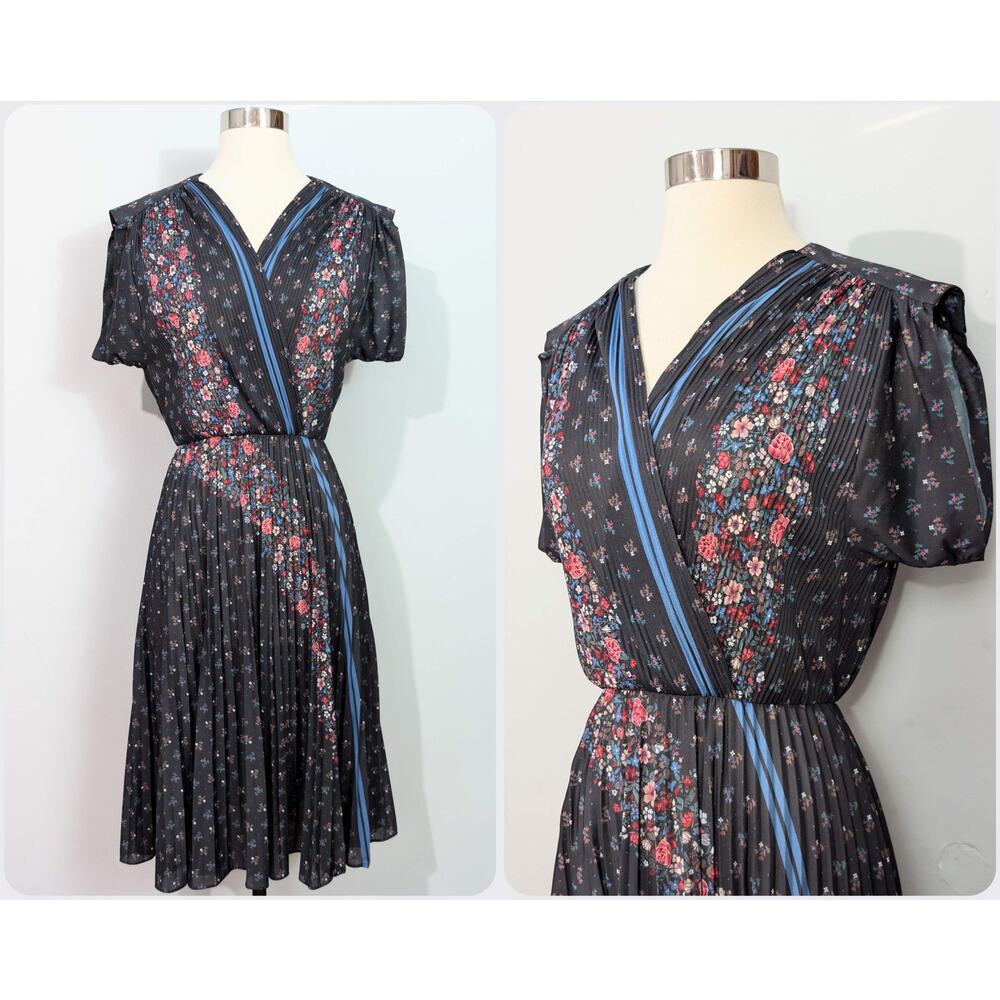 70s Black Floral Accordion Pleated Faux Wrap Dress
